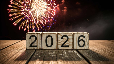 wooden cubes with firework backgroundの写真素材