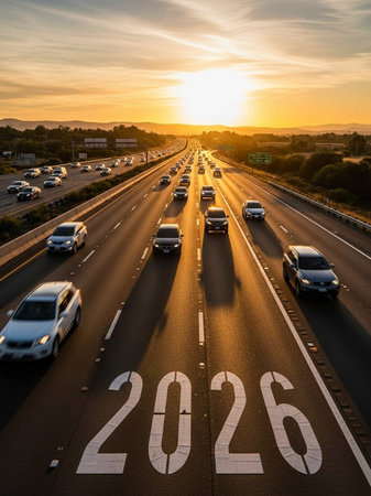 Aerial view of highway with cars moving on the road at sunsetの写真素材