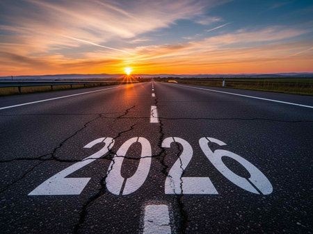 Asphalt road leading to the new year with sunset sky backgroundの写真素材