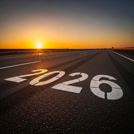 Asphalt road with numbers and sunset sky, new year conceptの写真素材