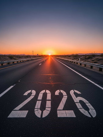 2026 sign on asphalt road at sunset. New year conceptの写真素材