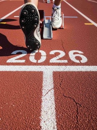 Running shoes on the start line of a track and field.の写真素材
