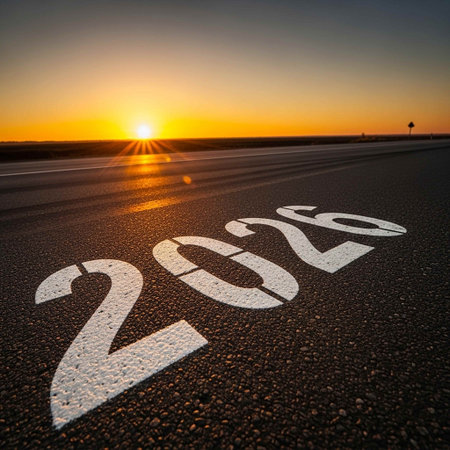 Asphalt road with numbers and sunset sky background. Concept.の写真素材