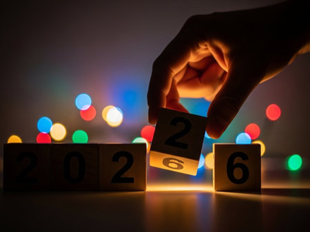New year concept. Hand turns wooden cubes and changes the number 2016 to 2022.の写真素材