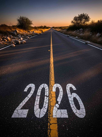 New year written on asphalt road in Arizona, United States of Americaの写真素材