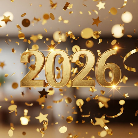Happy New Year 2016. Golden numbers on blurred background. 3D Renderingの写真素材