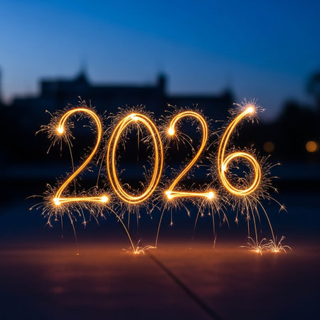 Happy new year written with Sparkle firework and bokeh backgroundの写真素材