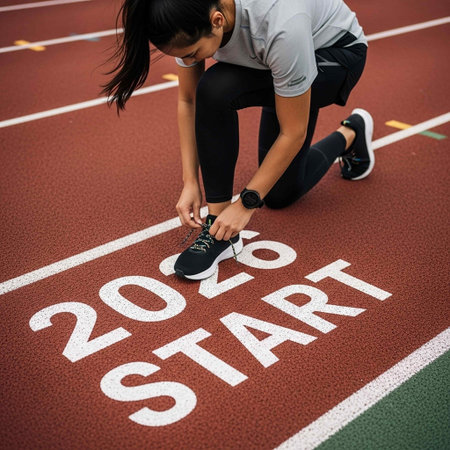 young sportswoman tying shoelaces on running track, new year conceptの写真素材