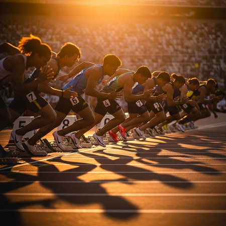 Athlete running at the finish line on the track and field stadiumの写真素材