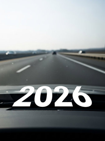 Car on the highway with new year sign on the windshield.の写真素材