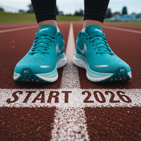 Running shoes on the start line of a running track.の写真素材