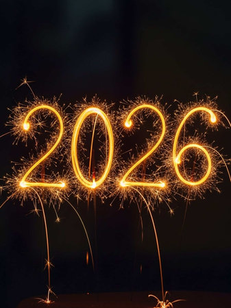 Happy New Year 2026 written with Sparkle firework and bokeh lightsの写真素材