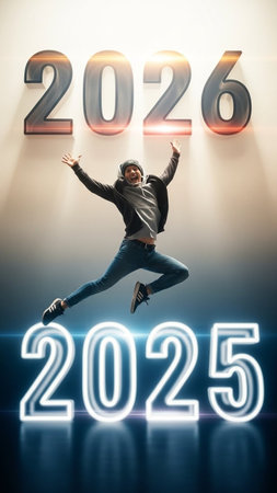 Cheerful young man jumping over 2026 year sign. New year conceptの写真素材