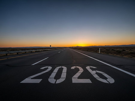 New year 2026 written on asphalt road at sunset, New year conceptの写真素材