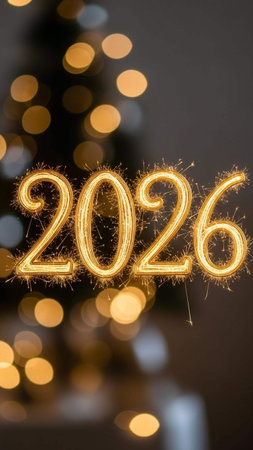 Happy New Year written with sparkler on bokeh backgroundの写真素材