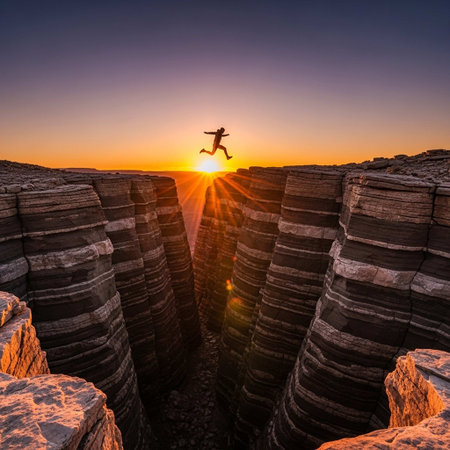 Man jumping from cliff into the sunset. Concept of active and extreme tourismの写真素材