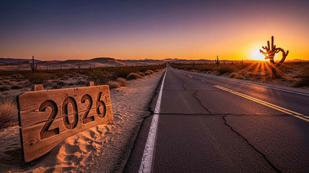 Wooden sign on a desert road at sunset, California, USAの写真素材