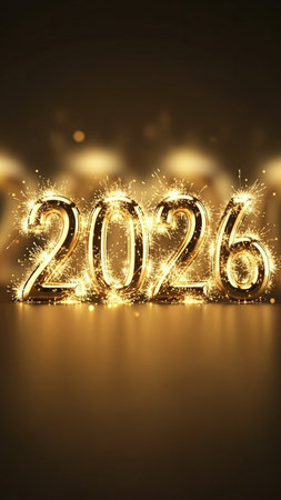 Happy New Year 2026. Gold shiny numbers on a black background.の写真素材