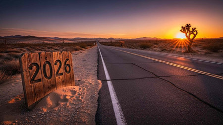 Wooden signboard on the road in the desert at sunset.の写真素材