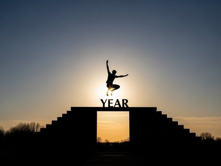 Silhouette of a man jumping over a ladder.の写真素材