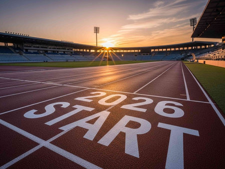 Running track number at the stadium during sunset. 3D Renderingの写真素材