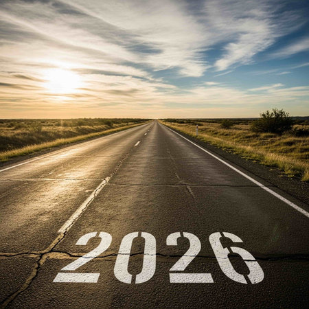 2026 written on asphalt road at sunset. Conceptual image.の写真素材
