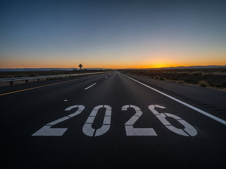 2026 new year road sign on asphalt road in the desert at sunsetの写真素材
