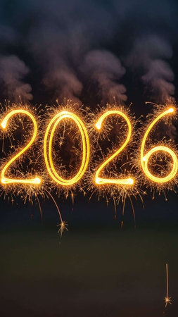 Happy new year 2026 written with Sparkle firework on black background.の写真素材