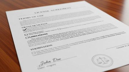 Close-up of business contract on a wooden table. Shallow depth of field.の写真素材