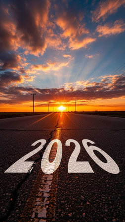 Road to new year 2026 with sunset sky background, panoramic viewの写真素材