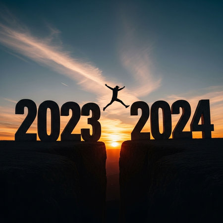 Silhouette of a man jumping over the gap between 2023 and 2024.の写真素材