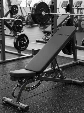 Interior of a fitness hall with weights and equipment in black and whiteの写真素材