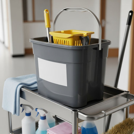 Plastic bucket with cleaning products on stepladder in room, closeupの写真素材
