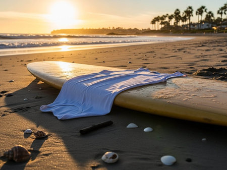 Surfboard on the beach at sunset in California, USA.の写真素材