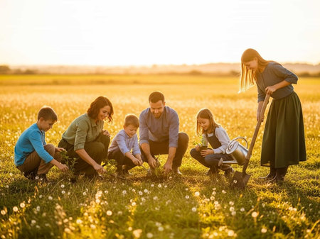 Happy family planting flowers in the field at sunset. Mother, father and childrenの写真素材