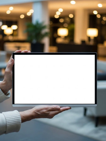 Mockup image of hands holding and showing tablet pc with blank white screenの写真素材