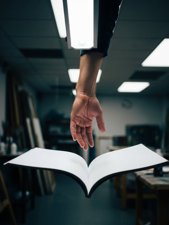Close-up image of a man's hand reaching for a bookの写真素材
