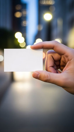 Close up of hand holding business card against blurred cityscape at nightの写真素材