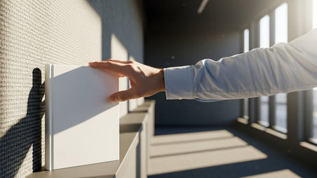 Close-up of human hand pushing white button on wall in roomの写真素材