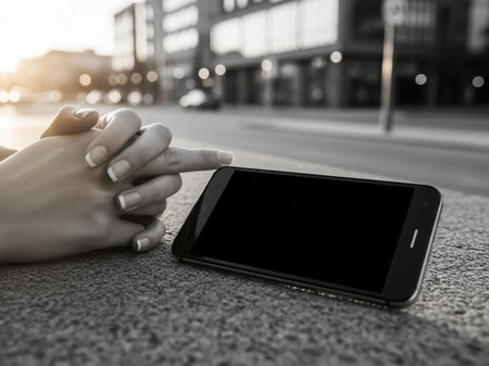 Smartphone with blank screen in woman hand on the street in the eveningの写真素材