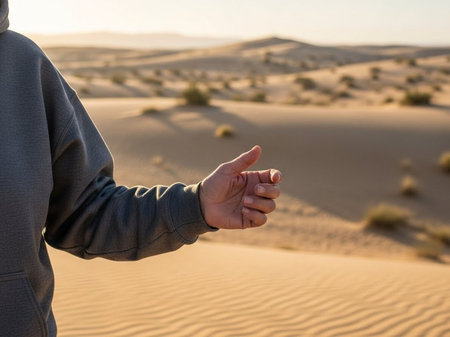 Hands of a man in the desert.の写真素材