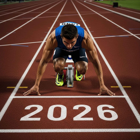 High angle view of male athlete ready to run on track at stadiumの写真素材