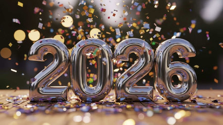 Happy New Year 2026 with silver balloons and confetti. 3d renderingの写真素材