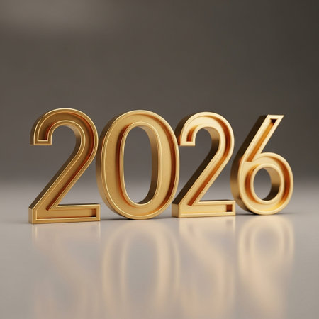 3D illustration. Golden numbers on a gray background.の写真素材