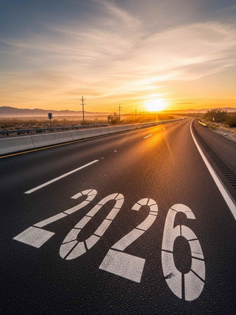 Asphalt road leading to the new year. Concept of happy new year.の写真素材