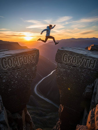 Woman jumping over a cliff with the word GROWTH on itの写真素材