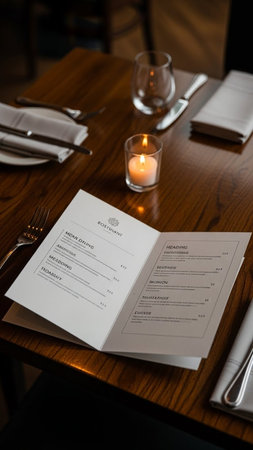Restaurant menu mockup with candle and cutlery on tableの写真素材