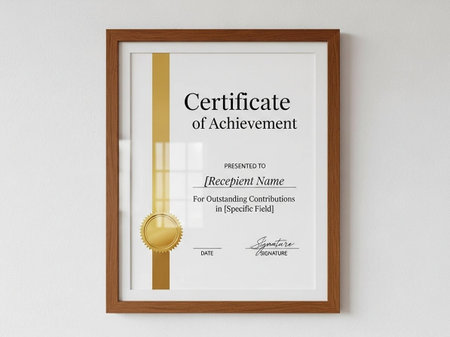 Certificate of achievement with golden ribbon on white wall. 3d renderingの写真素材