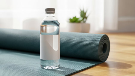 Bottle of water and yoga mat on wooden floor. 3d renderingの写真素材