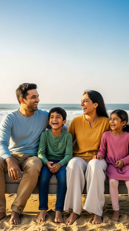 Portrait of happy family sitting on sofa and looking at camera on beachの写真素材